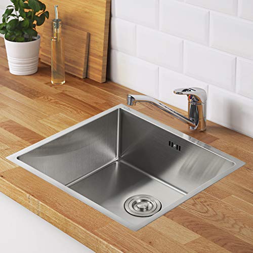 AuraLum - Fregadero de cocina, 50 x 43 x 21 cm, acero inoxidable, fregadero empotrado con sifón para cocina, cuadrado, de acero inoxidable, grosor de la plancha de aprox. 4 mm (1 pila)