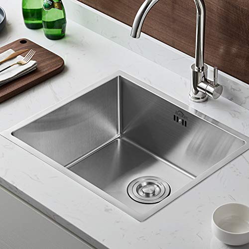 AuraLum - Fregadero de cocina, 50 x 43 x 21 cm, acero inoxidable, fregadero empotrado con sifón para cocina, cuadrado, de acero inoxidable, grosor de la plancha de aprox. 4 mm (1 pila)