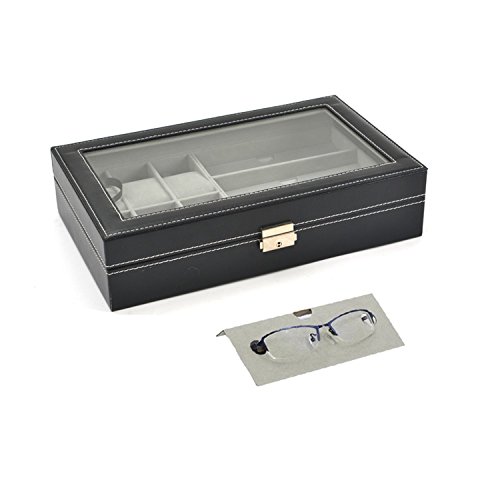 AUTOARK - Caja de cuero para 6 relojes, caja de joyería y 3 piezas de almacenamiento de lentes y gafas de sol, organizador de vitrina, color negro, AW-004
