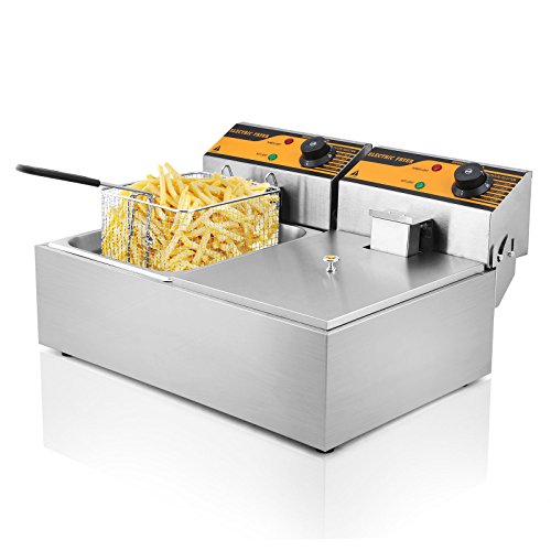 Autocompra Freidora Eléctrica 12L 5000W Freidora Industrial Acero Inoxidable para Patatas Fritas Deep Fryer Commercial (6L + 6L Tanque )