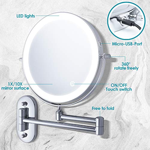 Auxmir Espejo Maquillaje con Luz LED Aumento 1X/10X Espejo Cosmético Iluminoso de Doble Cara, 360 Rotación, Recargable USB, Extensible de Pared para Baño, Tocador, Hotel, Plata