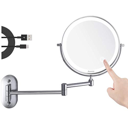 Auxmir Espejo Maquillaje con Luz LED Aumento 1X/10X Espejo Cosmético Iluminoso de Doble Cara, 360 Rotación, Recargable USB, Extensible de Pared para Baño, Tocador, Hotel, Plata