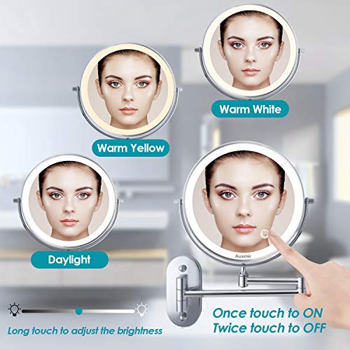 Auxmir Espejo Maquillaje con Luz LED Aumento 1X/10X Espejo Cosmético Iluminoso de Doble Cara, 360 Rotación, Recargable USB, Extensible de Pared para Baño, Tocador, Hotel, Plata