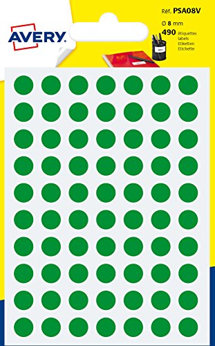 Avery España PSA08V. Bolsa de 490 etiquetas adhesivas redondas color verde, 8 mm