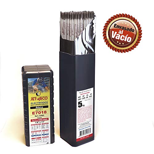 AWS A5.1 E7018. Electrodo Básico 7018 Bajo Hidrógeno para soldadura de Acero al Carbono (Hierro, Acero dulce). MMA (Ø 3,2mm x 350mm. Paquete 5 Kg). JET-ARCO España. Ref.: J106EL