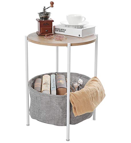 Bandeja de metal de mesa auxiliar de mesa redonda Bandeja extraíble Bandeja exterior e interior Bebida Snack Mesa de café Mesa de teléfono (White_Wood)