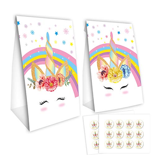 Baosu Paquete de 24 Sobres de Unicornio Bolsas de Dulces-Bolsas de Papel de Unicornio con Adhesivo 24 Piezas de Unicornio - Decoraciones de Fiesta de cumpleaños de Unicornio