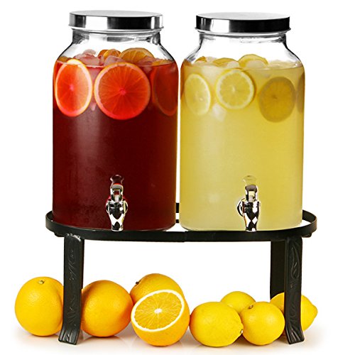 bar@drinkstuff - Dispensador de bebidas doble estilo jarra Mason con soporte, 10 l, para zumos, cócteles, etc.