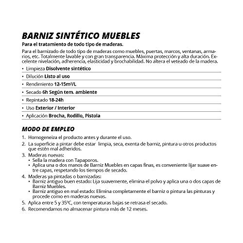 BARNIZ MUEBLES SINTETICO, Excepcional dureza y resistencia al rayado para todo tipo de maderas (750ML, BRILLANTE)