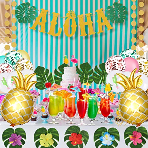 Bascolor 77 Piezas Aloha Hawaiano Tropical Decoración Aloha Bandera Puntos Guitarra Globos Hawaianos Pajitas de Papel Cupcake Topper Palma Tropical Flores Hibiscus Luau Fiesta Hawaiana Decoracion