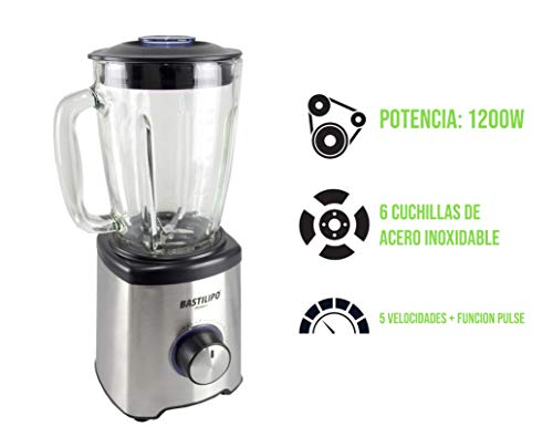 Bastilipo - BVA-1200S - Batidora de mesa de 1200W de 5 velocidades y jarra de cristal de 1.75 Litros