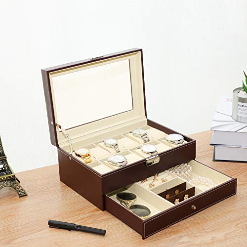 BASTUO 12 Caja de reloj Organizador de exhibición de reloj con vitrina de joyería de cuero de PU con llave y cerradura, marrón