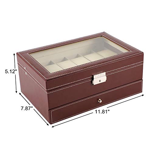 BASTUO 12 Caja de reloj Organizador de exhibición de reloj con vitrina de joyería de cuero de PU con llave y cerradura, marrón