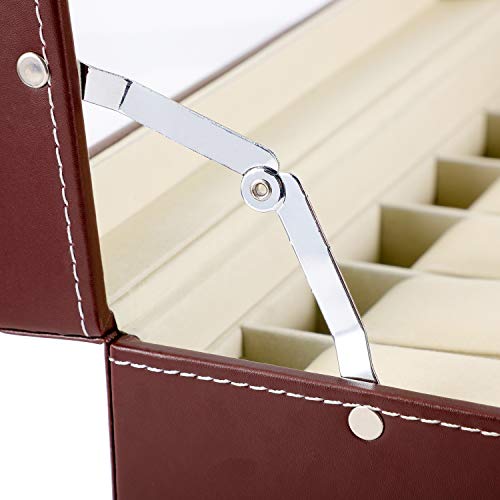 BASTUO 12 Caja de reloj Organizador de exhibición de reloj con vitrina de joyería de cuero de PU con llave y cerradura, marrón