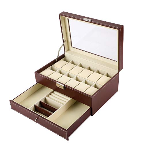 BASTUO 12 Caja de reloj Organizador de exhibición de reloj con vitrina de joyería de cuero de PU con llave y cerradura, marrón