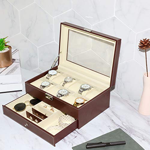 BASTUO 12 Caja de reloj Organizador de exhibición de reloj con vitrina de joyería de cuero de PU con llave y cerradura, marrón