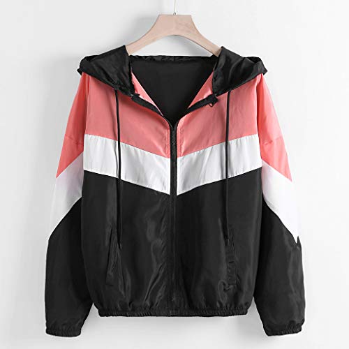 BaZhaHei Abrigo Mujer Casual Manga Larga Cremallera Color Patchwork Finas Trajes con Capucha y Costuras Abrigo Deportivo Chaqueta Cortavientos de Tricolor de Talla Grande y Comodo Moda para Mujer