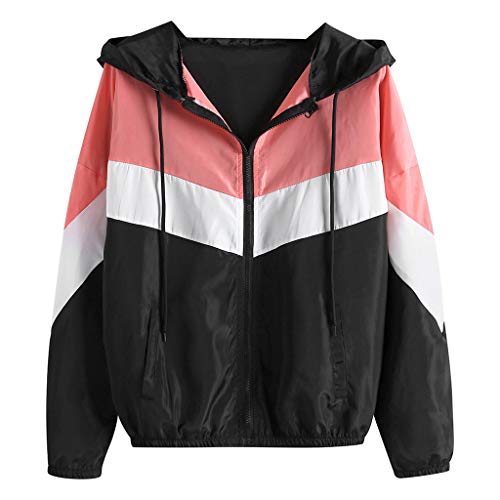 BaZhaHei Abrigo Mujer Casual Manga Larga Cremallera Color Patchwork Finas Trajes con Capucha y Costuras Abrigo Deportivo Chaqueta Cortavientos de Tricolor de Talla Grande y Comodo Moda para Mujer