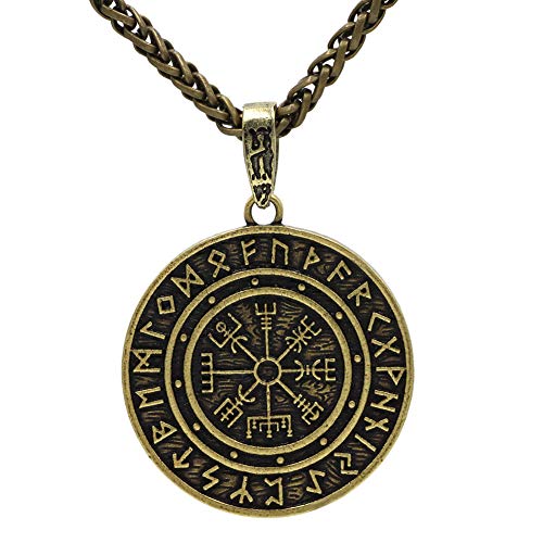 BBYaki Noreste Vikingo Hombre Runas Odin Valknut Pagan Collar Colgante Vegvisir Joyería Escandinava 58 cm Cadena,Brass
