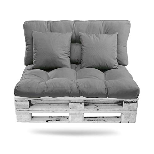 BCASE Pack Cojin Palet Fibra + Cojín Respaldo para Palés Acolchados, Cojín Relleno, Incluyen Cojín de Respaldo y Asiento, Ideal para Jardín, Terraza, Patio y Balcón, Gris