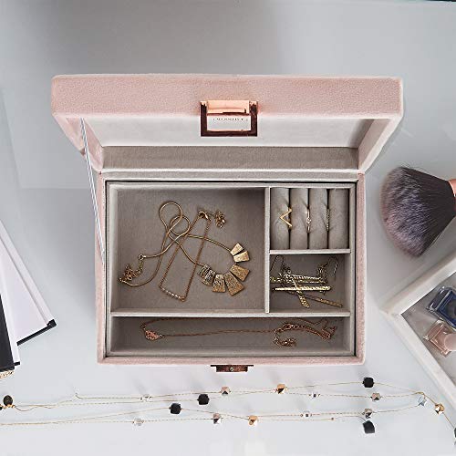 Beautify Caja Organizador Almacenamiento de Joyería de Terciopelo Rosa - 2 Compartimientos multiusos y almohadilla de anillos - Bandeja extraíble - Cierre de oro rosa