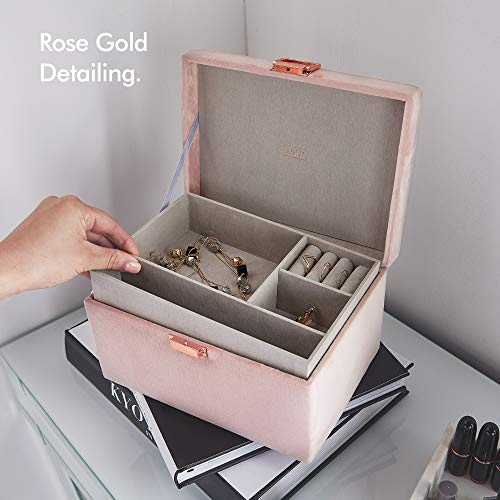 Beautify Caja Organizador Almacenamiento de Joyería de Terciopelo Rosa - 2 Compartimientos multiusos y almohadilla de anillos - Bandeja extraíble - Cierre de oro rosa