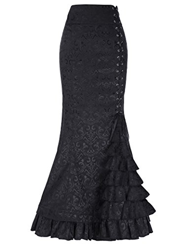 Belle Poque Mujeres Negro Retro Alto Jacquard Sirena de la Cintura Cola de pez Falda Larga BP000204-1_USA4