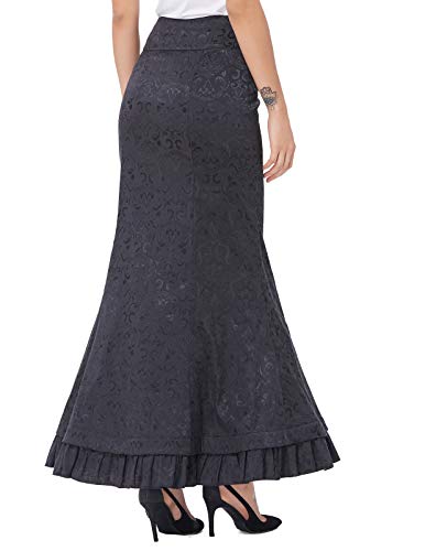 Belle Poque Mujeres Negro Retro Alto Jacquard Sirena de la Cintura Cola de pez Falda Larga BP000204-1_USA4