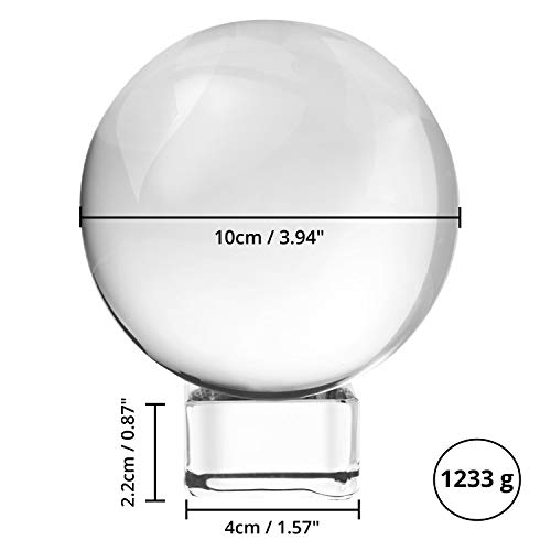 BELLE VOUS Bola de Cristal K9 100mm-Bola Cristal Fotografia 10cm Base de Cristal, Bolso Terciopelo, Paño Microfibra y Caja de Regalo-Esfera Lente Transparente Decoración Oficina, Meditar, Curación