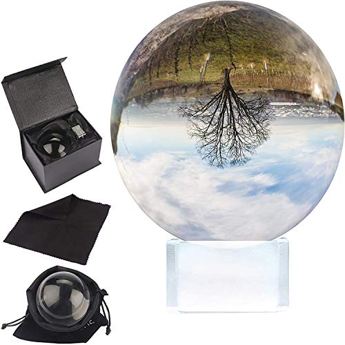 BELLE VOUS Bola de Cristal K9 100mm-Bola Cristal Fotografia 10cm Base de Cristal, Bolso Terciopelo, Paño Microfibra y Caja de Regalo-Esfera Lente Transparente Decoración Oficina, Meditar, Curación