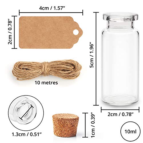 BELLE VOUS Bote Cristal Tapon Corcho (Pack de 64) -Mini Botellas de Cristal 10ml con Cordel y 64 Etiqueta Personalizarlo - Mini tarros para Bodas Bote Pequeño Cristal Manualidad, Fiesta, Almacenaje