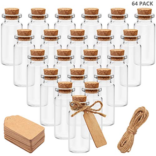BELLE VOUS Bote Cristal Tapon Corcho (Pack de 64) -Mini Botellas de Cristal 10ml con Cordel y 64 Etiqueta Personalizarlo - Mini tarros para Bodas Bote Pequeño Cristal Manualidad, Fiesta, Almacenaje