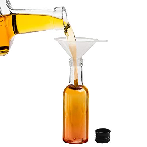 BELLE VOUS Mini Botellas de Licor (Pack de 48) - Botellas Pequeñas de Plástico 50ml Vacías - Tapa Negra de Rosca y Embudo- Verter Fácilmente y Llenado de Botellas - Mini Botella para Bodas y Fiestas