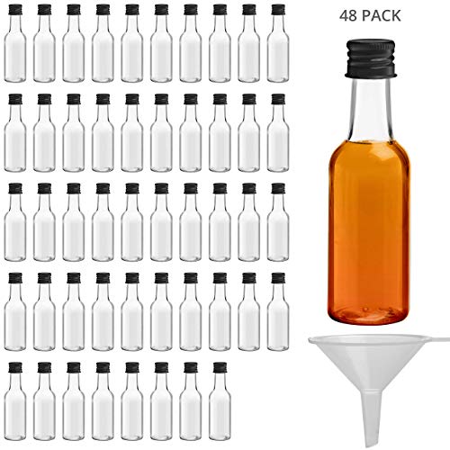 BELLE VOUS Mini Botellas de Licor (Pack de 48) - Botellas Pequeñas de Plástico 50ml Vacías - Tapa Negra de Rosca y Embudo- Verter Fácilmente y Llenado de Botellas - Mini Botella para Bodas y Fiestas