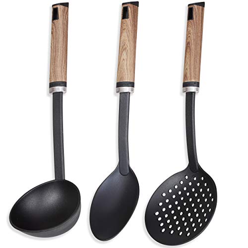 Bergner PK1991 Juego de utensilios de cocina Sigma Wooden - en nylon negro y madera - espumadera, cucharón y cazo, Acero Inoxidable
