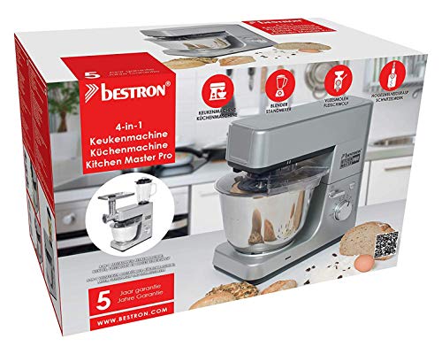 Bestron Procesador de Alimentos 4 en 1 (Amasadora, Batidora, Picadora de carne, Ralladora/Trituradora), 1200 Vatios, Acero Inoxidable