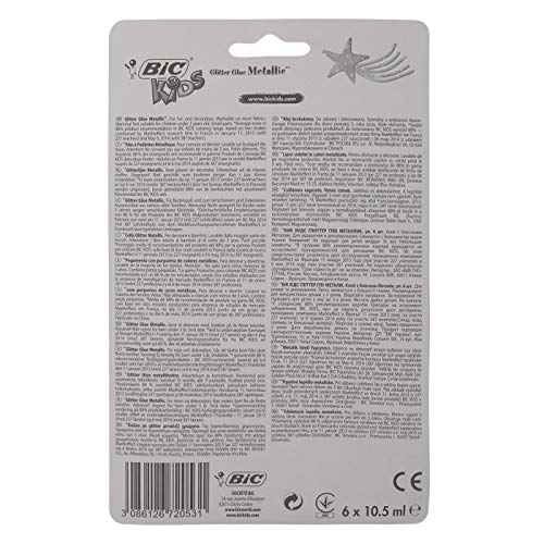 Bic Kids Glitter Pegamento con Purpurina Colores Metálicos – Colores Surtidos, Blíster de 6 Unidades