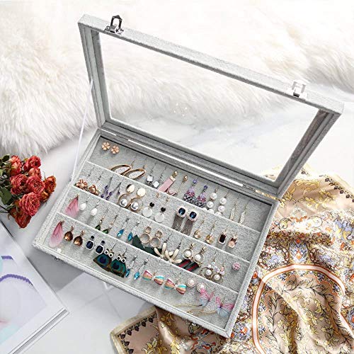 BIENSER - Organizador de pendientes, tapa transparente de terciopelo y 32 pares de pendientes, caja de almacenamiento para joyas, vitrina con cierre, color gris