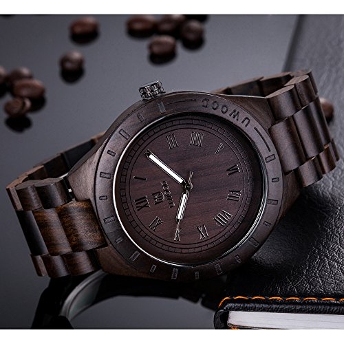 BIOSTON - Reloj vintage de madera natural para hombre, hecho a mano, con números romanos y de tamaño grande
