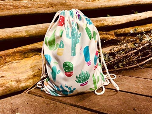 Bolsa de gimnasia para mujeres y niñas en algodón (blanco) - impresa por ambos lados con motivos de cactus - para uso diario, viajes y deportes - adecuada como bolsa de gimnasia, mochila, bolsa de dep