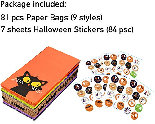 Bolsas de Regalo de Papel de Halloween, 81 Piezas Bolsas de Caramelo con 84 Pegatinas de Halloween, Halloween Goody Bags para Fiestasde favores de Fiesta de Halloween Fiestas, Truco o Tratamiento