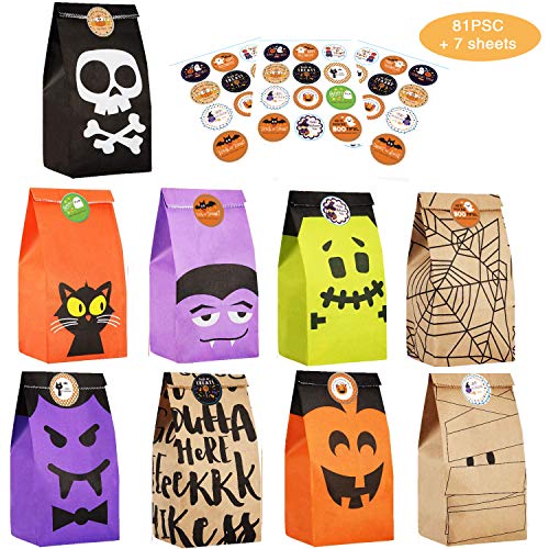 Bolsas de Regalo de Papel de Halloween, 81 Piezas Bolsas de Caramelo con 84 Pegatinas de Halloween, Halloween Goody Bags para Fiestasde favores de Fiesta de Halloween Fiestas, Truco o Tratamiento