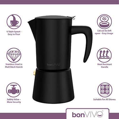 bonVIVO Intenca Cafetera Italiana Express De Inducción De Acero Inoxidable con Acabado Negro, para Espresso con Mucho Cuerpo, Cafetera Moka Clásica, para 6 Tazas De Espresso