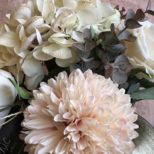 BOTANIC DESSIGN Ramo Flores Artificial JARRÓN Decorativo Incluido Arreglo Floral Artificial con Hortensia y Rosas Color Blanco Puro,Dalia Color Rosa Claro y Tallos de eucalipto para decoración hogar