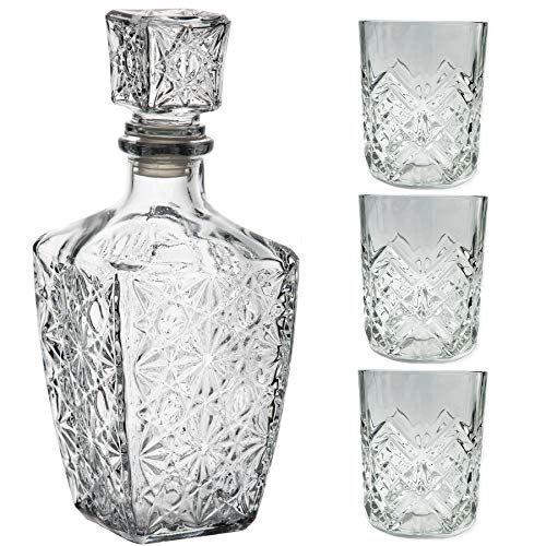 Botella Cristal Vidrio + 3 Vasos 250cl para Licores Licorera Decantador Whisky Vintage 0,85L Coñac Brandy Tallado Jarra Licor Diseño Clasica Transparente Vino Vozka Chupitos Botellas Regalo Decoracion