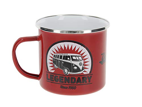 BRISA VW Collection - Volkswagen Furgoneta Hippie Bus T1 Van Taza de Café metálica Esmaltada en Caja de regalo, Copa de Té, Decoración de la Mesa/Outdoor/Camping/Souvenir (Vintage Logo/Rojo)