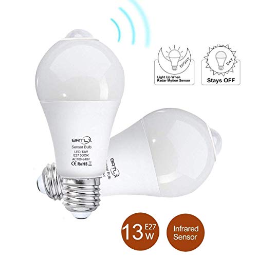 BRTLX Bombillas LED E27 Con Sensor de Movimiento 13 W Auto On/Off PIR Infrarrojo Detección Blanco Cálido 3000K Pack de 2 Unidades