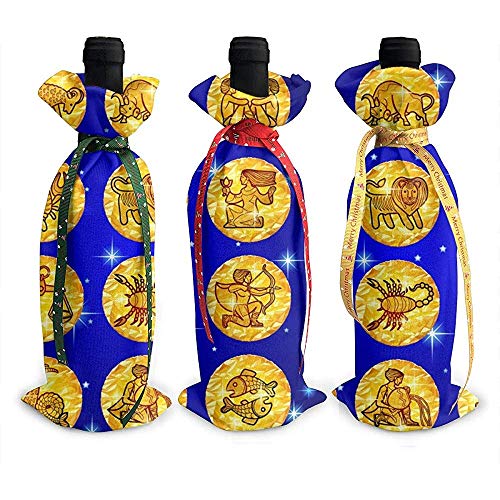 BUXI Printing Christmas Wine Bottle Bag,Símbolos del Zodiaco En Azul 3Pcs Christmas Wine Bottle Cover Cubiertas De Botellas De Vino para La Decoración del Bar del Hotel 12x34cm
