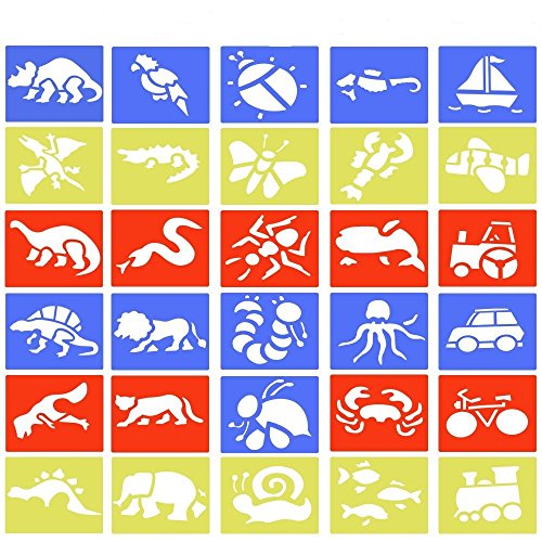 BUZIFU Plantillas de Dibujo(30 Unidades), Plantillas de Dibujo Infantil, Plantillas de Plástico Flexibles, Animales, Insectos, Transportes y Dinosaurios, para Aprenden a Dibujar de Forma Divertida
