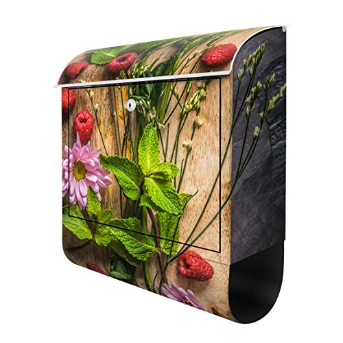 Buzón con diseño de flores y frambuesas, 39 x 46 x 13 cm, para buzón de correo, buzón con ranura para letras, letras decorativas, tamaño: 46 x 39 cm